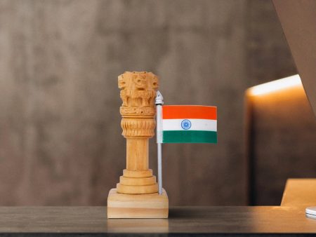 Ashoka Pillar Statue with Flag - 5 x 2 Inches | Wooden Statue  Ashoka Pillar Idol for Home Decor For Sale