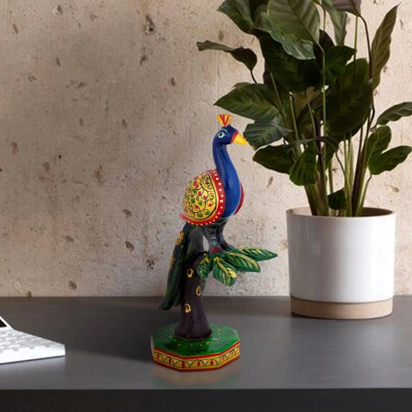 Peacock On Tree Statue - 6 x 2.5 Inches | Wooden Peacock Idol  Painted Peacock Figurine for Home Online now