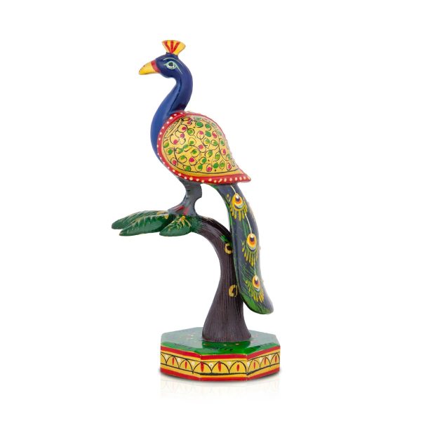 Peacock On Tree Statue - 6 x 2.5 Inches | Wooden Peacock Idol  Painted Peacock Figurine for Home Online now