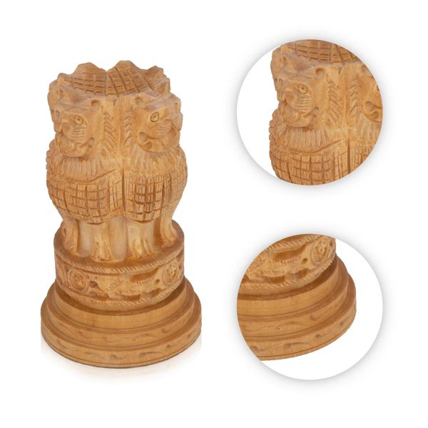 Ashoka Pillar Sculpture - 3 x 2.5 Inches | Wooden Statue  Ashok Head Idol for Home Decor Online Hot Sale