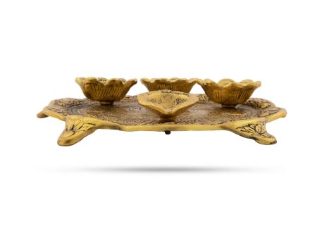 Pooja Thalli with 4 Deep - 1 x 7.5 inches | Golden Antique Polish 4 Lamp Thali Plate  Diya Plate for Pooja Fashion