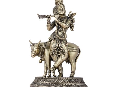 Krishna with Cow Statue - 5 x 4 Inches | Brass Idol  Cow and Krishna statue for Pooja  510 Gms Approx For Discount