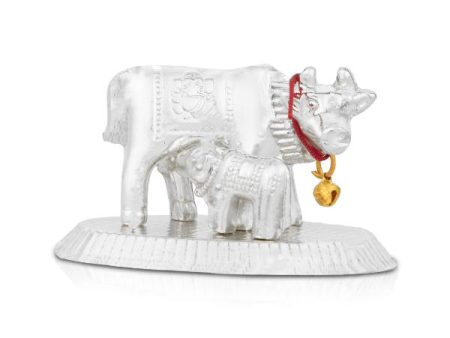 Cow With Calf Idol With Base - 2.5 x 3.5 Inches | White Metal Kamdhenu Cow And Calf Statue for Home Decor Fashion